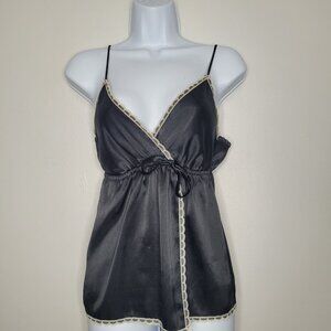 Soda Blu black satin lace trim baby doll party bow going out dainty top